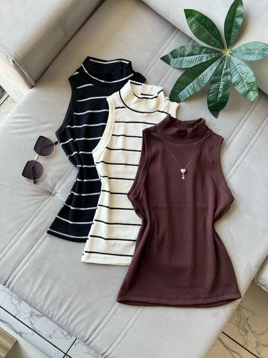 3 Pieces Tank Top Kit With High Neck Ribbed Fabric Striped Basic Long Tank Top Winter Fashion Color Block Cut And Sew Striped Casual Elegant Knitted Button - 套件 3 棕色 - 查看 1