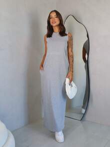 Long Dress With Slit And Pockets 100% Cotton - Xám - Xem 3