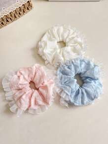 1pc Vintage Ditsy Floral Lace Trim Hair Scrunchie, Elegant Bun/Ponytail Hair Tie, Sweet Hair Accessory