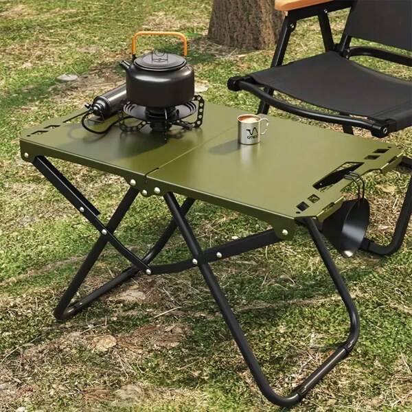 1pc Compact Folding Camping Table, Portable Design Carry Handle Foldable Table, Multi-Function Barbecue Desk, Carbon Steel Table Top Beach Desk, Suitable For Outdoor, Picnic, BBQ, Cooking, Festival, Sports, Easy To Set Up Camping Accessory