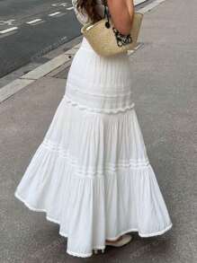 Falda larga con parches de encaje blanco de talle alto con efecto de "bubble", estilo bohemio, adecuada para festivales de música, conciertos, fiestas de Coachella, uso diario de chicas jóvenes, fotos de playa y vacaciones, estilo bohemio de verano