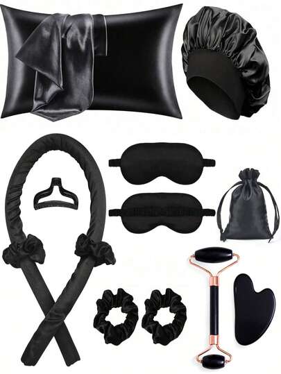 12pcs Sleeping Hair Styling Tools Set, 1pc Curling Iron 1pc Silk Pillowcase For Hair And Skin Queen Set, Silk Heatless Curling Kit, Overnight Curling Iron, 1pc Sleeping Soft Eye Mask, 1pc Dual Head Roller Massager, 1pc Heart Shaped Gua Sha Board, Back To School, Travel Holiday Essentials, Hair Accessories For Women, Hair Curler, Rollers For Hairdressing Equipment, Accessories, Hair Curl, Curly Hair Tools, Hair Roller, Christmas,Curly Hair, Hair Curler, Hair Rollers, Heatless Curl, Heatless Curls, Rollers, Hair Curlers, Curly Hair Products, Hair Curl, Hair Roller, Rollers For Hair, Curly Hair Tools, Heatless Curlers,Hair, Accessories, Hair Products, Hair Tools, Hair Stuff, Hair Care, Curly Hair Brush, Barber, Barber Accessories, Hairdressing Equipment,Heatless Waves,Travel Essentials,Hairstyle,Hairdressing