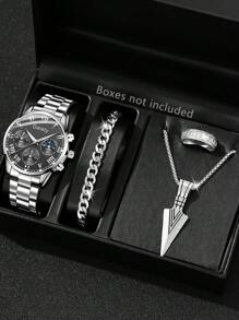 4PCS Silver Alloy Strap Men's Watch Set Fashion Classic Business Roman Digital Scale Round Dial Quartz Watch Bracelet Necklace Ring Set Suitable For Daily Clothing Matching