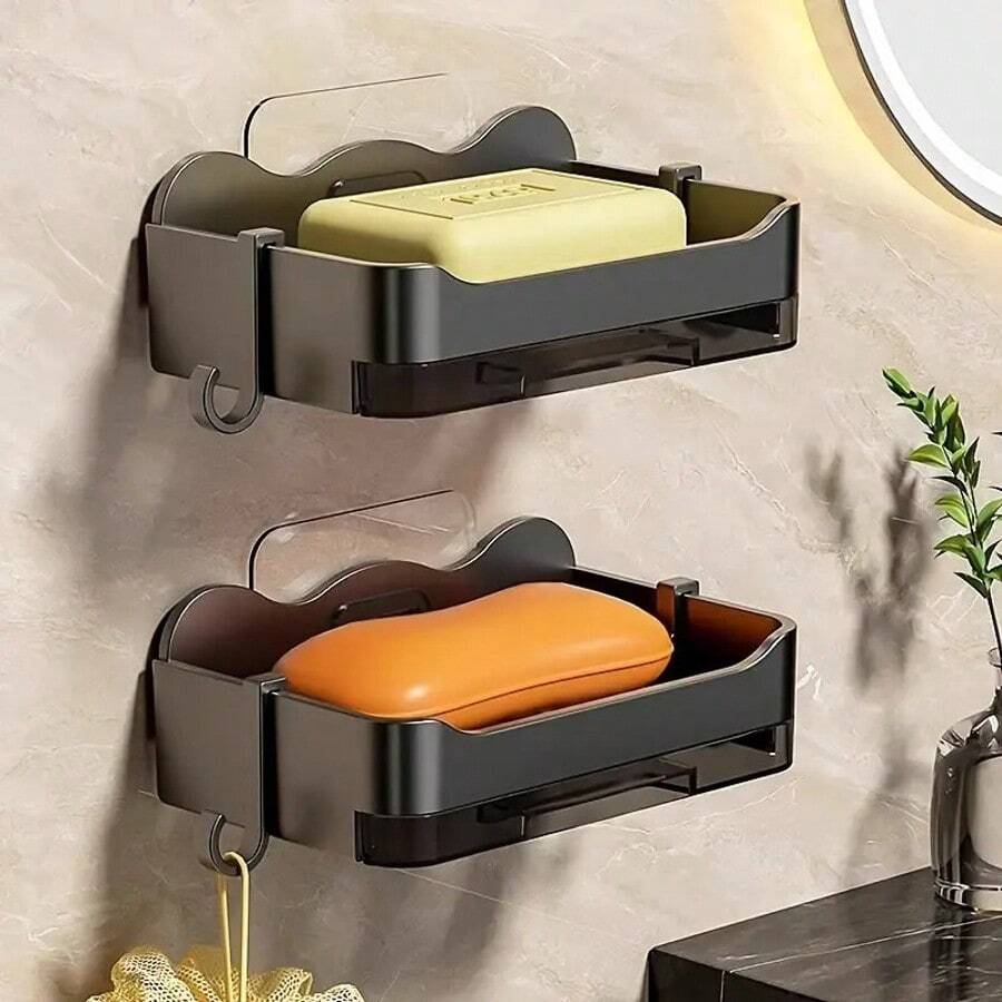 Giá đựng xà phòng treo tường, hộp đựng xà phòng lỏng hai lớp không cần khoan, giá đựng xà phòng hình chữ nhật bằng nhựa cho phòng tắm và nhà vệ sinh có lỗ thoát nước - Chống thấm nước, tiết kiệm không gian, dụng cụ sắp xếp bồn rửa nhà bếp.