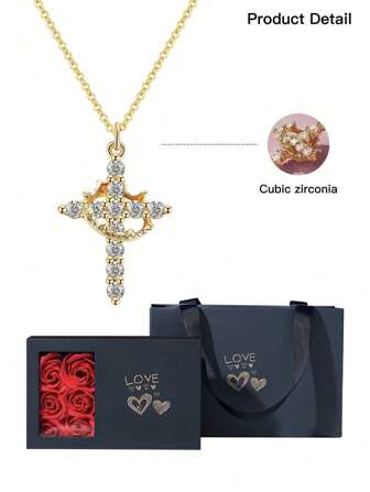 CCO 1pc Cross Pendant Crown Decor Chain Necklace, Holiday Gift