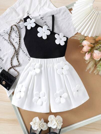 2pcs/Set Young Girl Elegant Floral Applique Camisole Top And Shorts Set, Summer