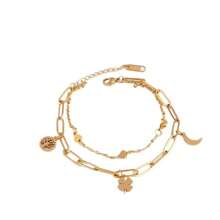 Exportation transfrontalière vers l'Europe et les États-Unis Bracelet minimaliste en acier inoxydable à double couche avec pendentif trefle à quatre feuilles, lune et arbre de vie. Cadeau de bijoux pour femmes pour la famille et les amis