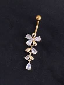 1pc Stainless Steel Cubic Zirconia Flower & Teardrop Belly Button Ring, Suitable For Daily Wear - Water Drop - View 2