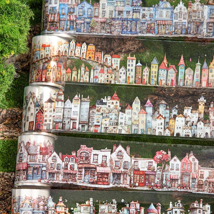 1 Rollo/Bolsa de Cinta, Serie Casa Extravagante, Cinta PET con tema de Casa Vintage y Pueblo, Suministros para Scrapbooking, Accesorios de Cuaderno, Decoración para Cuaderno, Marco de Foto, Funda de Teléfono, Vaso, Revistas de Chatarra, Caja de Artículos de Papelería DIY, Pegatinas Personalizadas, Útiles Escolares, Vuelta al Colegio