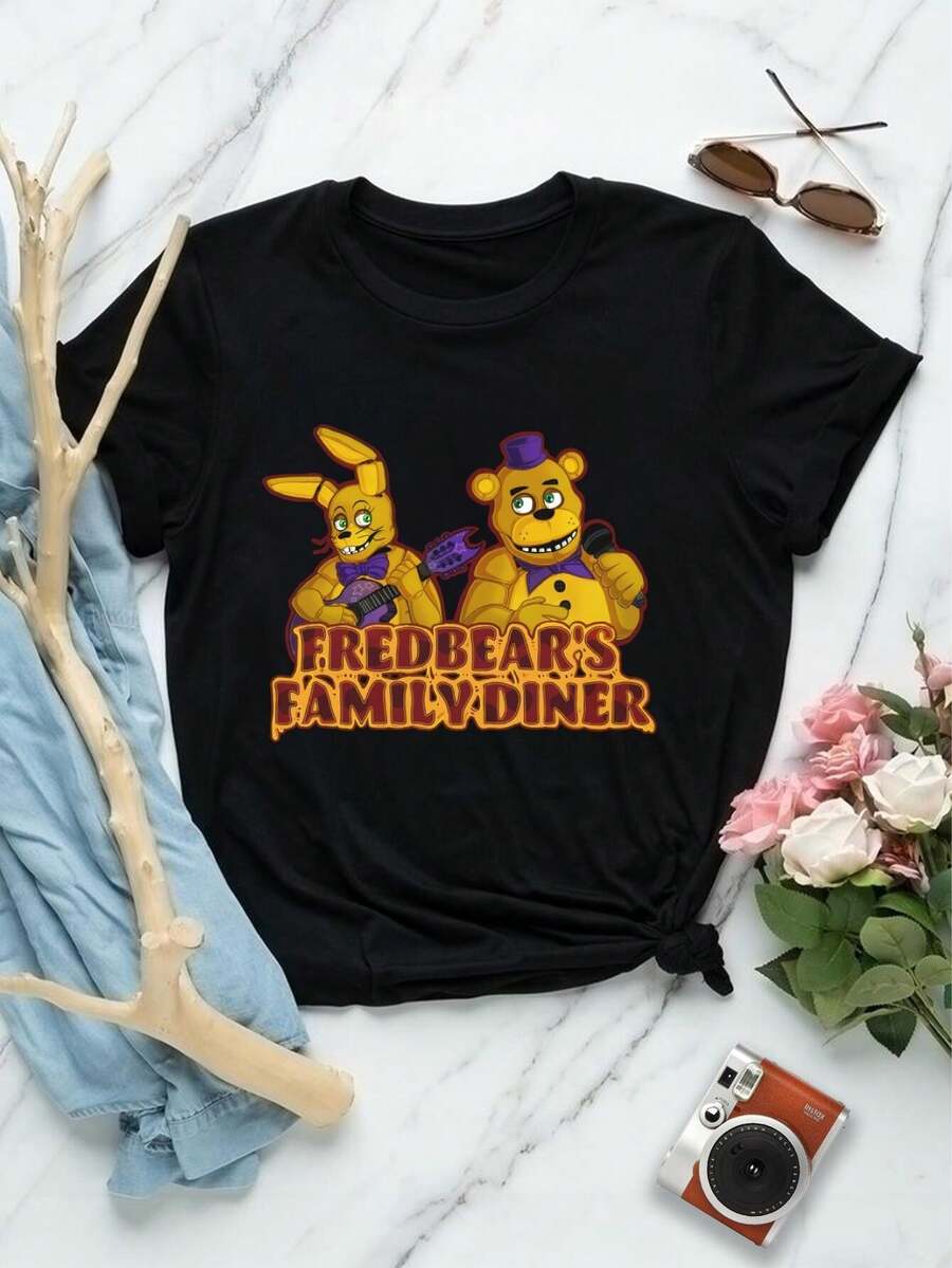 Camiseta de Mujer del Restaurante Familiar de Fredbear (FNAF Fredbear Golden Freddy Henry Emily Spring Bonnie) - Negro - Ver 1