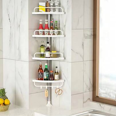 Étagère de douche en acier inoxydable, étagère de salle de bain, étagère de douche ajustable en hauteur de 105 à 310 cm, étagère de salle de bain avec 4 étagères en plastique et 1 porte-serviette, convient pour la salle de bain et les toilettes, retour à l'école