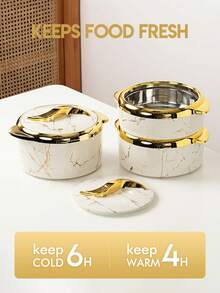 Meoky 3pcs, Golden Touch Food Warmer, Thermal Casserole Dish Set With Lids, Insulated Stainless Steel Container For Hot & Cold Food, Serving Bowl For Buffets, Hot Pot Sets Food Warmer, Hot Pot Food Warmer Set, Tableware Casseroles Set, For Office
