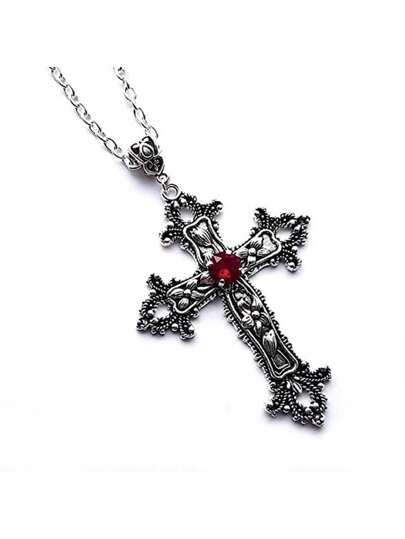 Gothic Silver Tone Ornate Cross Pendant Necklace With Red Gemstone – Vintage-Inspired Necklace Featuring An Intricately Detailed Cross With Floral Accents And A Sparkling Red Gemstone At The Center – Crafted With A Dark Silver Tone Finish For A Gothic And Antique Look – Lightweight And Comfortable For Everyday Wear – Adds A Touch Of Mystique, Elegance, And Individuality To Any Outfit – Perfect For Everyday Style, Costume Parties, Gothic Fashion, Special Occasions, And Expressing Unique Personal Style – Secure Lobster Claw Clasp For Worry-Free Wear – A Wonderful Gift For Women And Teen Girls Who Appreciate Alternative, Vintage-Inspired, And Symbolic Jewelry – A Captivating Piece To Enhance Your Jewelry Collection With Gothic Romance