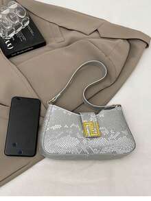New Fashion Snake Skin Print Solid Color Crossbody Bag, Minimalist Versatile Handbag For Women - Silver - View 5