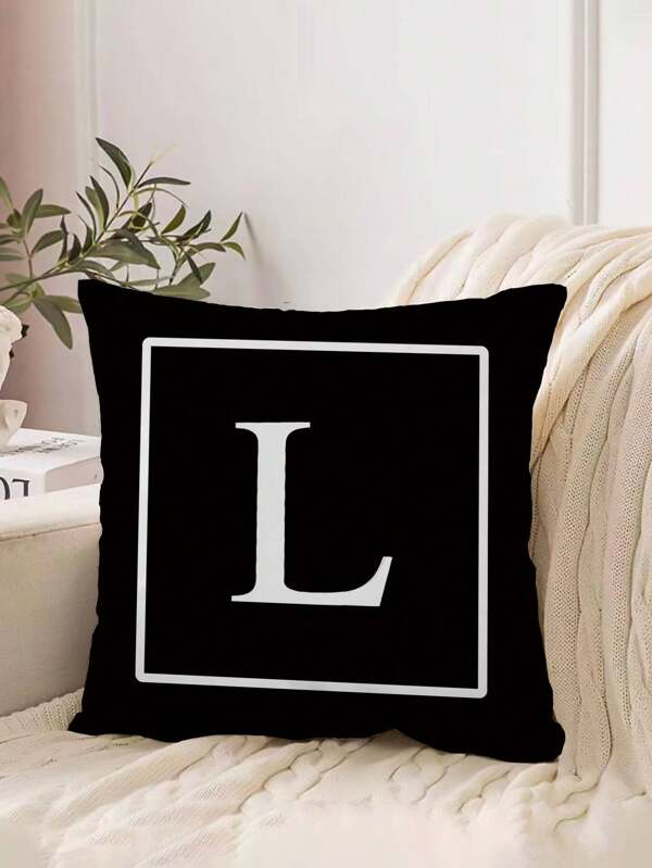 1pc Letter L Print Cushion Cover, 100% Polyester Pillowcase, 18x18 Inch, Envelope Closure, Decoration For Living Room, Bedroom, Sofa, Bed (Pillow Insert Not Included)