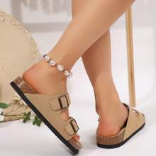 Women Sandals Slip On Comfortable Adjustable Buckle Cork Footbed Easy Wear - Nâu nhạt - Xem 5
