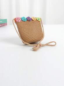 1pc Kids Cute Rainbow Ruffle Beach Straw Crossbody Bag, Princess One Shoulder Handbag Suitable For Daily Outing - Flowers - View 8