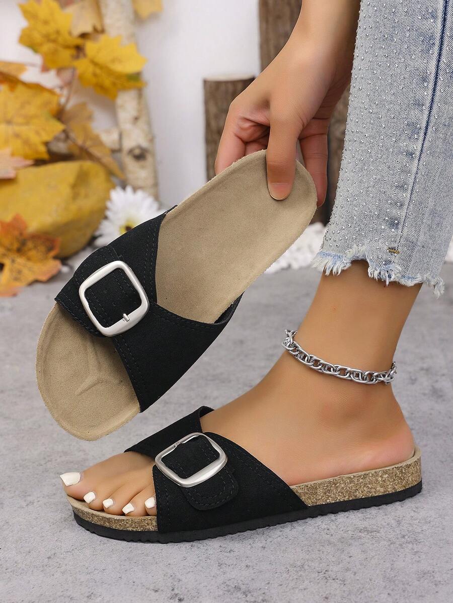 Sandalias planas de corcho suave con hebilla de moda, tipo vacaciones, estilo verano, para hombres y mujeres, sandalias casuales para playa y exteriores - Plateado - Ver 1