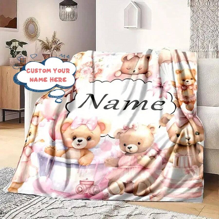 Chăn nỉ hình gấu bông cá nhân hóa - Chăn nhẹ mềm mại và ấm áp, phù hợp với mọi mùa, thiết kế chủ đề màu hồng dễ thương với gấu và bóng bay, có thể giặt bằng máy, tuyệt vời cho gia đình, sinh nhật, cặp đôi, giường, ghế sofa, chăn thân thiện với vật nuôi | Chăn hiện đại | Chất liệu nỉ mềm