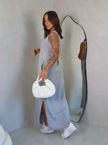Long Dress With Slit And Pockets 100% Cotton - Xám - Xem 1