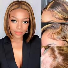8 10 12 14 Inch 200% Density 13x4 HD Transparent Bob Lace Front Wigs Brazilian Virgin Wig Ear To Ear Straight Highlight Human Hair Blended Hair Glueless Lace Frontal Wigs Pre Plucked With Baby Hair Bone Straight