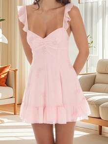 Women Mini Dress Solid Color/Floral Print Ruffles Straps A-Line Dress Summer Back Tie-Up Backless Dress - Hồng - Xem 5