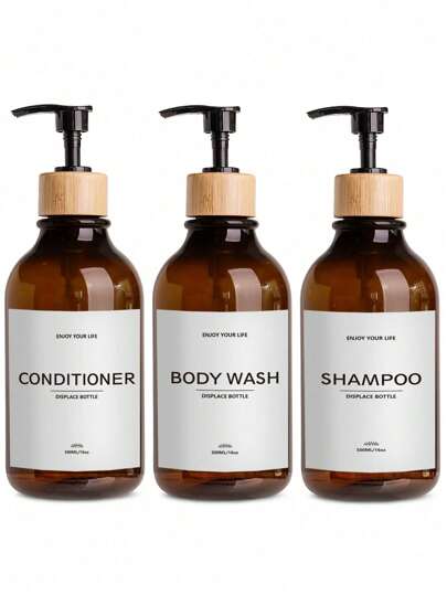 3 Stücke 16oz nachfüllbare Shampoo- und Conditioner-Spender - Set mit 3 - Pumpflasche Spender für Shampoo, Conditioner, Duschgel - leere nachfüllbare Kunststoffbehälter für Dusche, Badezimmer Aufbewahrung, bernsteinfarbener Seifenspender Rückkehr zur Schule