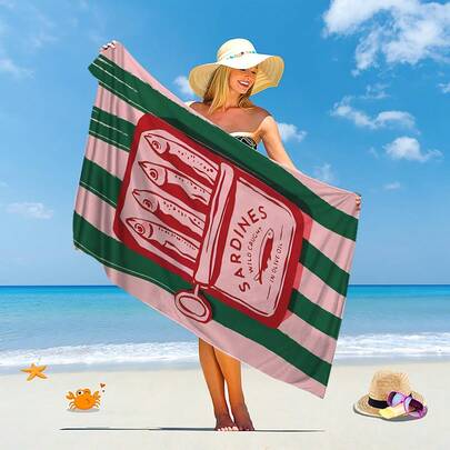 1 pieza Toalla de playa de secado rápido con diseño de lata de sardinas de dibujos animados - Suave, absorbente, ligera, perfecta para natación, surf, camping y artículos de viaje esenciales, accesorios de surf