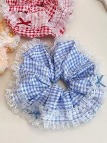 1pc Sweet Plaid Lace Scrunchie, Voluminous Bun Holder Ponytail Tie, Soft & Elegant Hair Accessory
