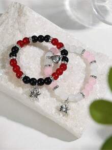 2Pcs/Set Fashionable Spider Heart Charm Pendant Matching Beads Bracelets For Couples Best Friendship Holiday Gift Jewelry Accessory - Hồng, Trắng, Đen và Đỏ - Xem 3
