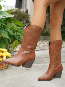 Women's Vintage V-Cut Pointed Toe Thick Heeled Hollow-Out Embroidery Western Mid-Calf Boots, Casual Slip-On Style