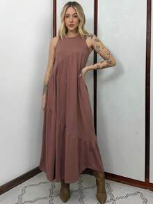 Women's Long Dress In Cotton Knit Aveloz - 巧克力棕 - 查看 6