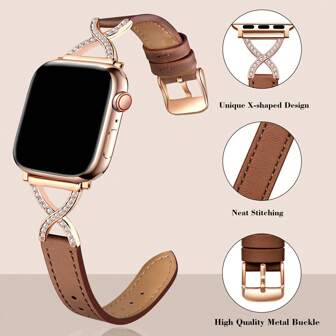 Women's Leather Band For Apple Watch 38mm 40mm 41mm 42mm 44mm 45mm 46mm 49mm - Diamond X-Shaped Gold Buckle Design - Comfortable Sweat-Proof Slim Band - Stylish Fashionable Multiple Colors - Fits 5.5-8.3 Inch Wrists - Premium Replacement Watch Accessories
