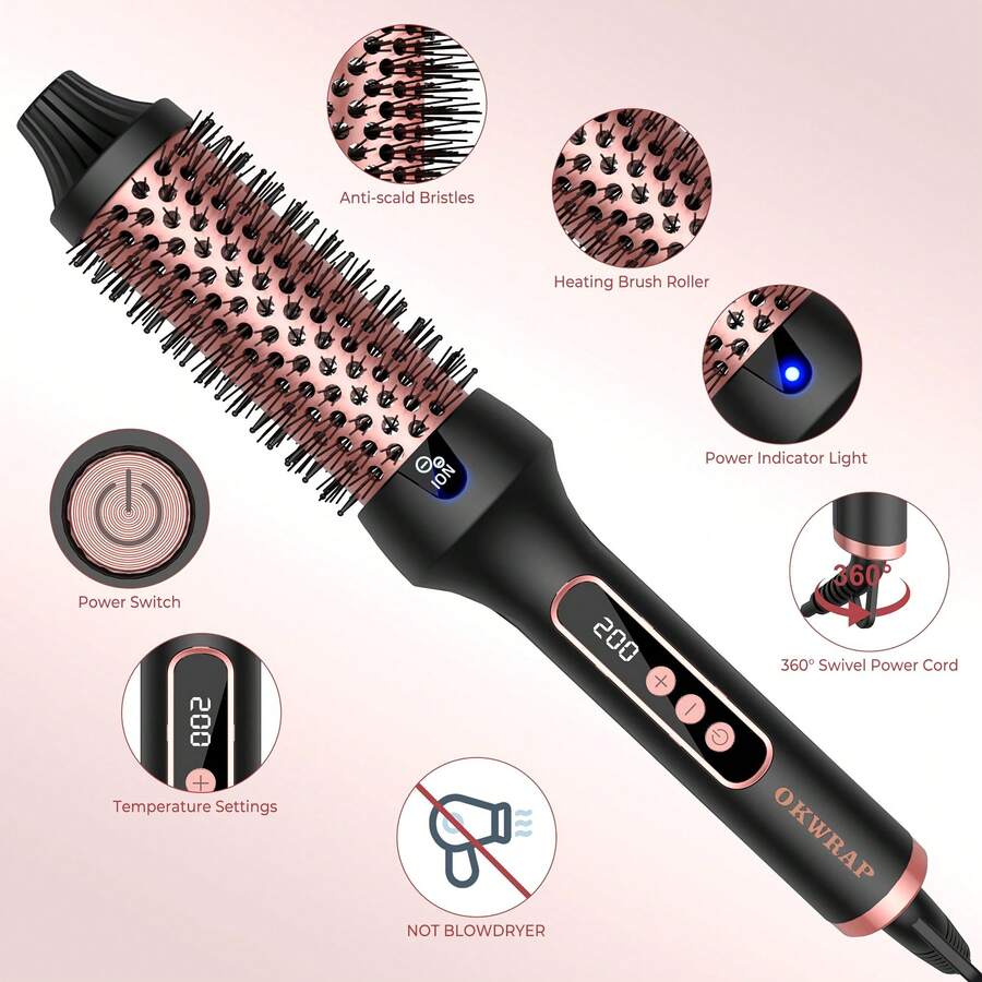 1.5" Heated Round Hair Brush, Ionic Hot Air Styler For Curly & Voluminous Hairstyles, 2 Heat Settings, Rose Gold, Unique Gift For Men & Women
