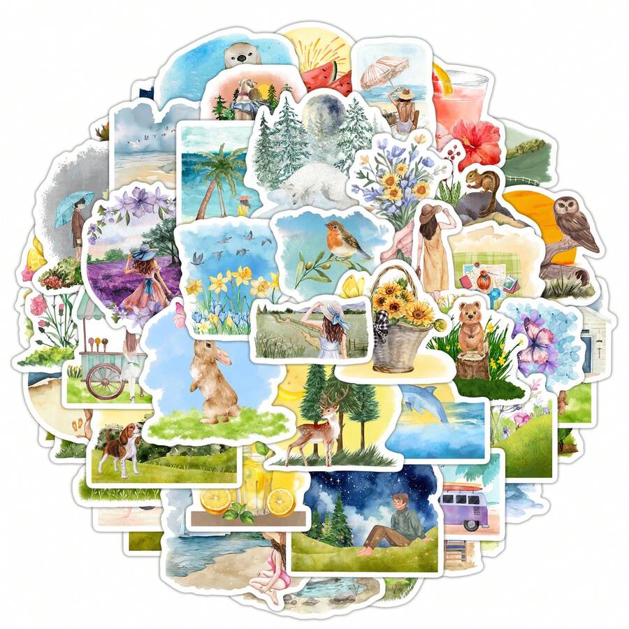 50 件水彩春日贴纸乙烯基美学贴纸适用于剪贴簿、日记、笔记本电脑、保险杠、滑板、水瓶、电脑、手机、卡通、安全帽、汽车贴纸和贴花 - 彩色 - 查看 1