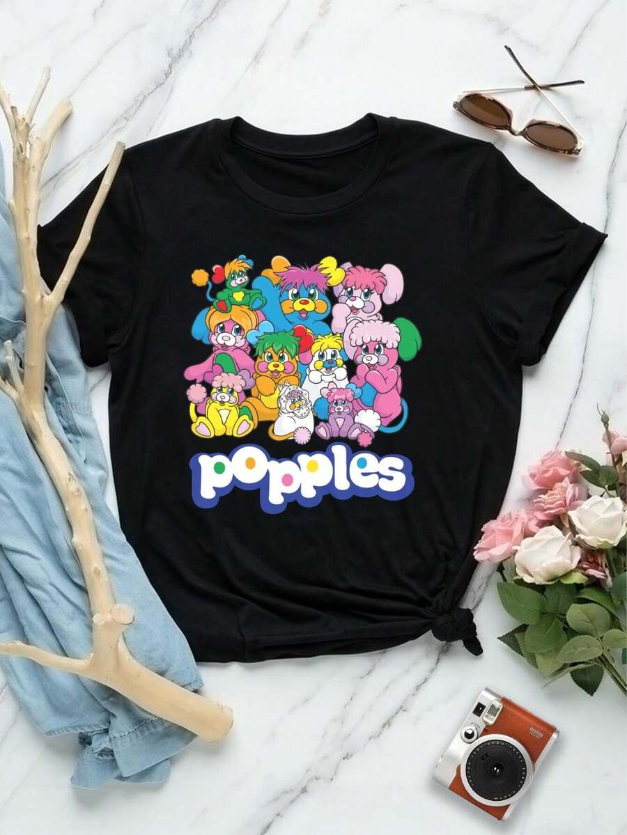 Camiseta retro de dibujos animados de Popples para mujer (Animal0110) - Negro - Ver 1