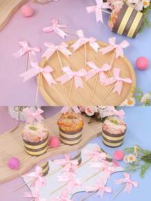 10pcs Bow Cupcake Toppers, Polyester Bow Cake Decorations, Versatile Celebration Decor, No-Feather, Electricity-Free For Birthday, Wedding, Engagement, Bachelorette, Christmas, New Year, Valentine'S Day - Multicolor - View 2