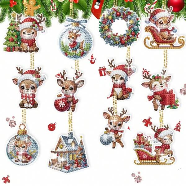 12pcs/Set DIY Diamond Painting Christmas Keychains Decoration Kit - Acrylic Double Sided Drill Special Crystal Rhinestone Diamond Art Christmas Ornaments For Christmas Tress Decor, Handmade Crafts Art Pendants For Home Office Restaurant Christmas Party Decoration, Great Christmas Gifts For Friends And Family