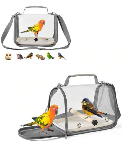 Bärbar resebur/bärare för husdjur (med bricka), genomskinlig axelväska för fågelbur, andningsbar och bekväm, lämplig för fåglar, papegojor, kakaduor och små reptiler, med sittpinne och mjuk dyna