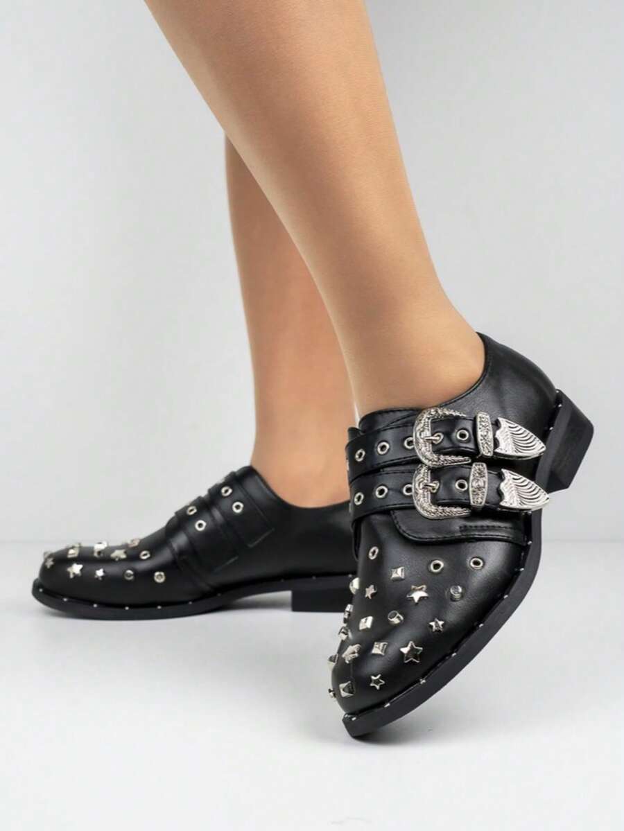 Mocasines con hebilla y tachuelas occidentales - Negro - Ver 1