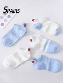 5 双女式蓝白条纹草莓图案踝袜，柔软舒适，吸湿排汗，适合任何鞋子，适合返校穿着 - 彩色 - 查看 1