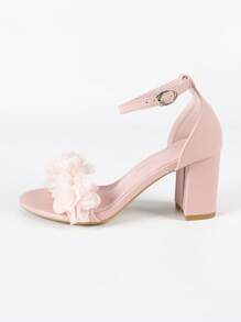 Sandalias de tacón grueso con correa y puntera cuadrada con decoración floral 3D en rosa, estilo dulce y elegante para boda, fiesta, primavera y verano