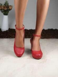 Zapatos de tacón para mujer mujer de moda tipo zapatilla de tacón cuadrado y de altura media con acabado en mate tipo imitación de piel y con correa ajustable en tobillo, de diseño elegante, cómodos y sofisticados, ideales para eventos formales o casuales, fiestas elegantes, cenas, bodas, graduaciones, ofreciendo un toque de estilo y glamour que resaltan la sofisticación en el calzado femenino. - Rojo - Ver 3