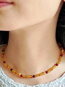 Collar corto de cuentas irregulares de ámbar báltico natural, piedra vintage de gema, accesorio que proporciona calma y paz, resina fosilizada, regalo para ella en aniversario o cumpleaños