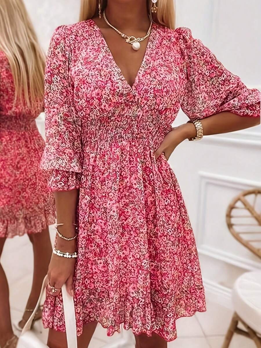 Ditsy Floral All Over Print Boho Elegant Ruffle Hem Shirred Ruffle - Hồng - Xem 1