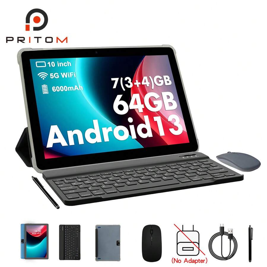 PRITOM TAB10 PRO Android 13 Tablet (unterstützt Widevine L1/RK3562 2.0Ghz/7GB (3+ 4 GB erweiterbar)RAM/64GB ROM/10,1 Zoll 1280*800 IPS Bildschirm/5G WLAN/BT 5.2/WLAN 6/6000 mAh/Typ-C/2MP + 8MP Kamera/ mit kostenloser Ledertasche, Tastatur, Maus, Stift (ohne Adapter)