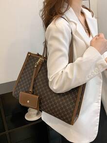 Large Capacity Patterned Tote Bag With Small Pouch Included - Brown - View 4