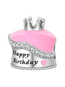 Silver Plated Charm Pink Bow Crown Candle Happy Birthday Cake Series Charm Bead Is Suitable For Diy Female Bracelet Pendants