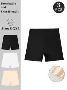 3 Pairs Women Plain Simple Silk Shorts, Prevent Flashing Anti-Roll Edge High Waist Seamless & Comfortable Underpants