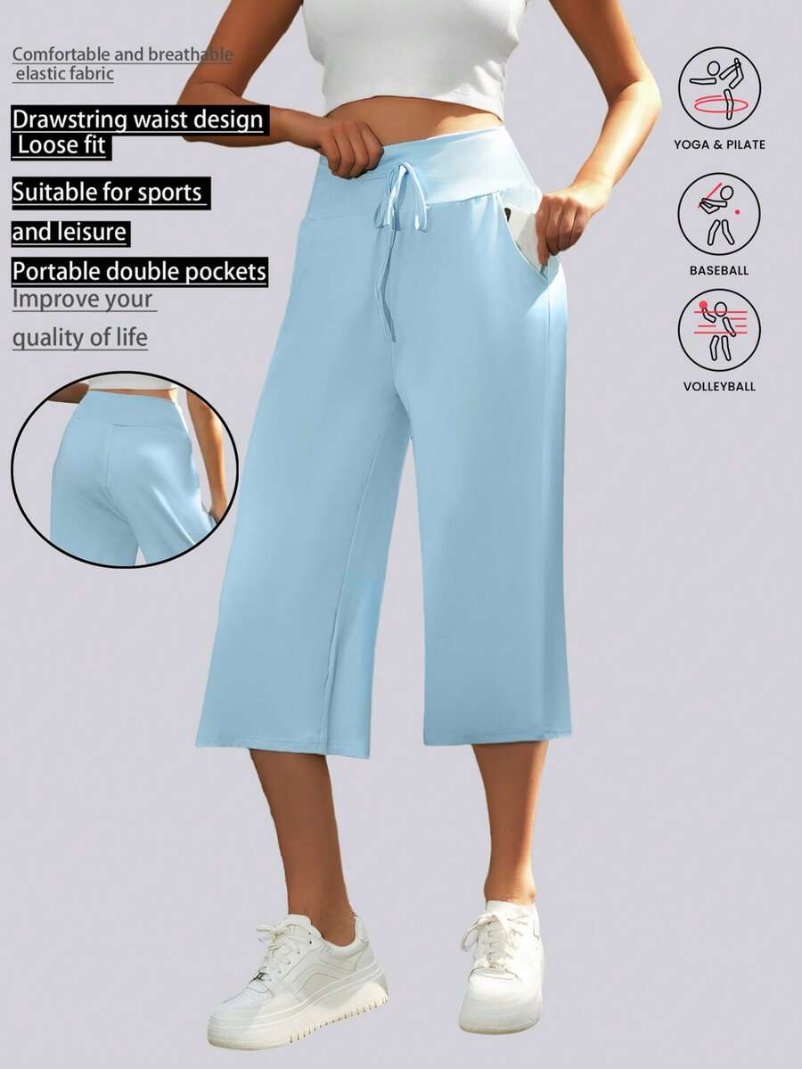 1pc Women's 3/4 Yoga Pants, Made Of Elastic Comfortable Fabric, High Waist With Drawstring And Pockets Design, Suitable For Gym Workout, Yoga, Streetwear, Tennis, Golf, Cycling, Hiking, Women's Leggings For Active Lifestyle - Blue - View 1